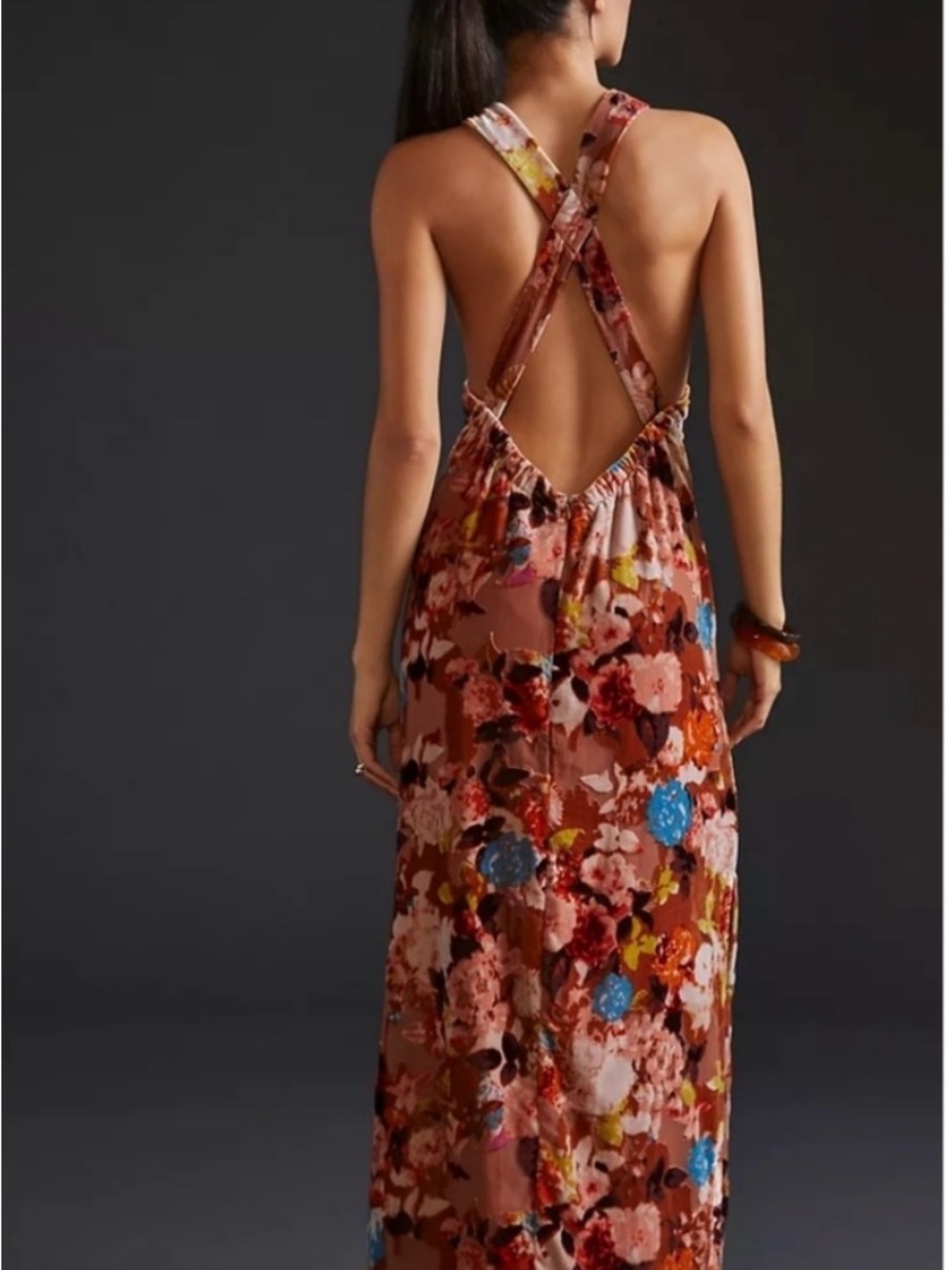 Anthropologie Floral Open-Back Maxi Dress in Rust and Blue